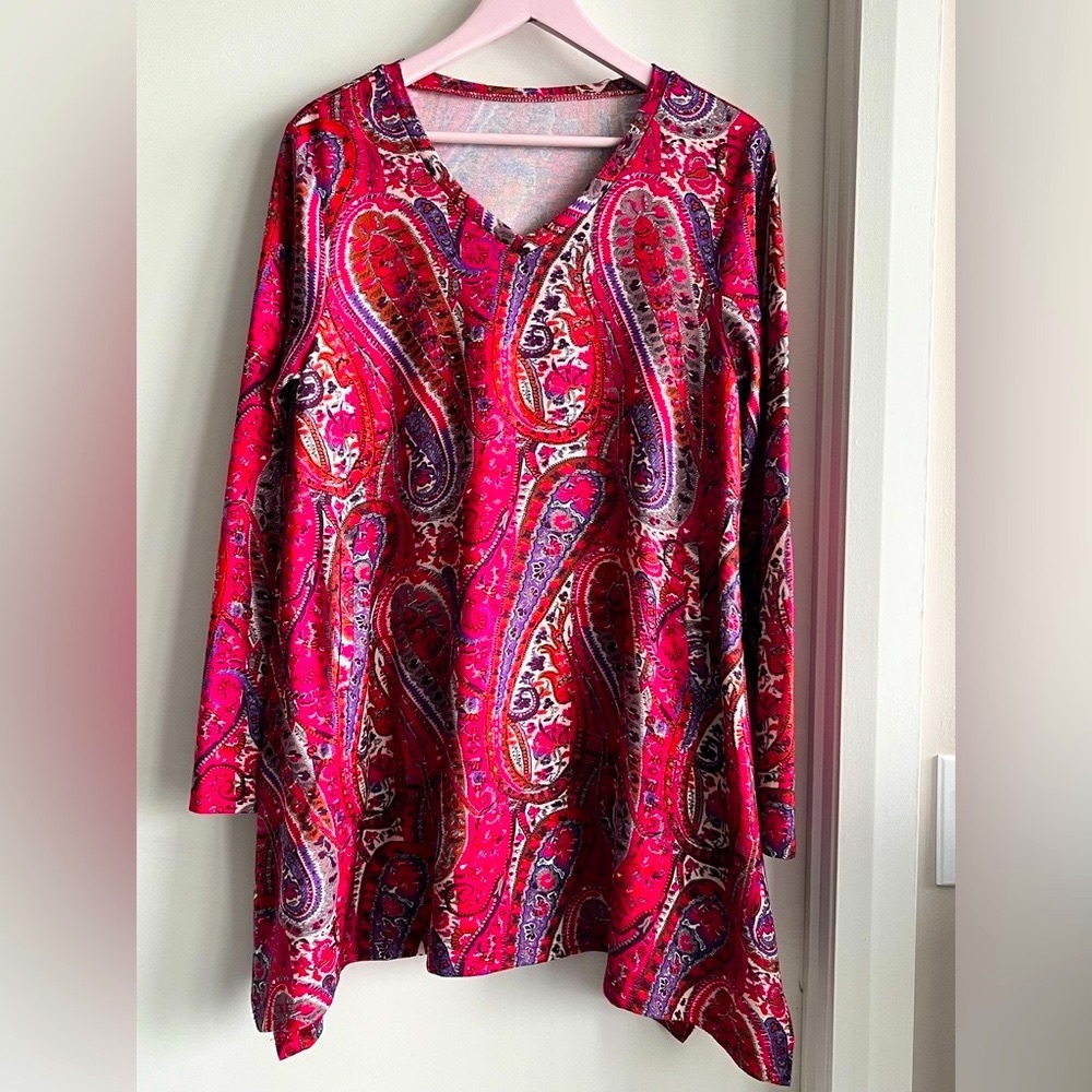 Women's long sleeve top, long tunic v-neck, pockets, red, purple, grey, pink